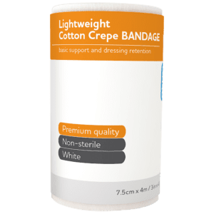 AEROCREPE Light Cotton Crepe Bandage 7.5cm x 4M Wrap/12 Customers also search for: MEDICREPE ACL003, MedStock MS75LCB, Surviv-A-Wrap CRBW075S, Surviv-A-Wrap CRBW075SL, Uneedit 36366003,  1080,  10104412