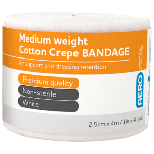 AEROCREPE Medium Cotton Crepe Bandage 2.5cm x 4M Wrap/12 Customers also search for: BSN Medical BDF8233, First Aiders Choice 21175, MEDICREPE ACC001, MEDICREPE ACS001, Sentry ACC004,  12604210