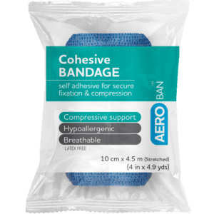 AEROBAN Blue Cohesive Bandage 10cm x 4.5M Wrap/12 Customers also search for: 3M VETRAP10CM-B, CoWrap COB054, E.Z. BAN ECB1584-BC, Lymphlex SU LOS004, Medstock PHA1010COH-BGE,  PP712,  PP708,  PP717,  PP716