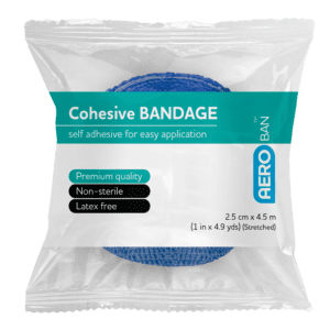 AEROBAN Blue Cohesive Bandage 2.5cm x 4.5M Wrap/12 Customers also search for: CoWrap COB051, E.Z. BAN ECB1581-BC, E.Z. Ban ECB1581-B, Trafalgar 21581B,  PP701