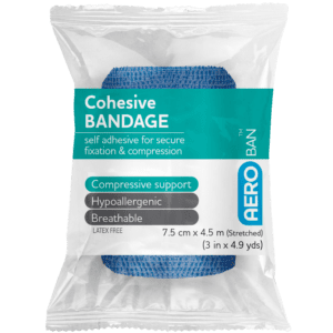 AEROBAN Blue Cohesive Bandage 7.5cm x 4.5M Wrap/12 Customers also search for: CoWrap COB053, E.Z. BAN ECB1583-BC, Lymphlex SU LOS003, Medstock PHA7510COH-BGE,  SB608,  SB6002,  SB602,  SB601,  SB6003,  PP707,  PP711